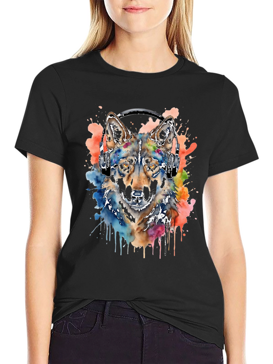 Wolf Headphone T-Shirt: Watercolor Style