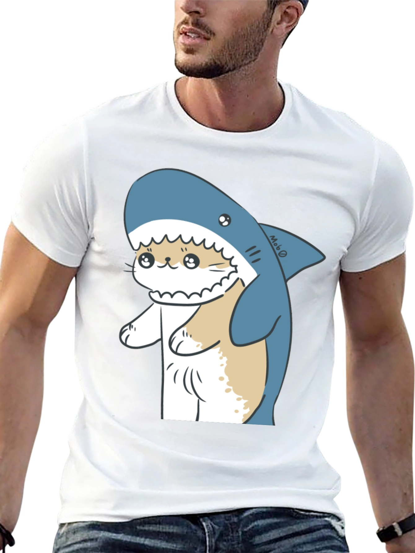 Cute Cat Shark Graphic Black T-Shirt