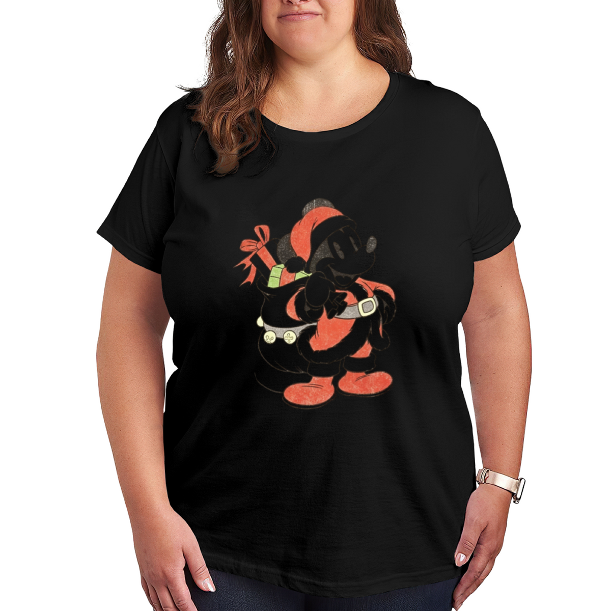 Vintage Santa Mickey Christmas Festive Plus?Size Ladies Holiday Tee