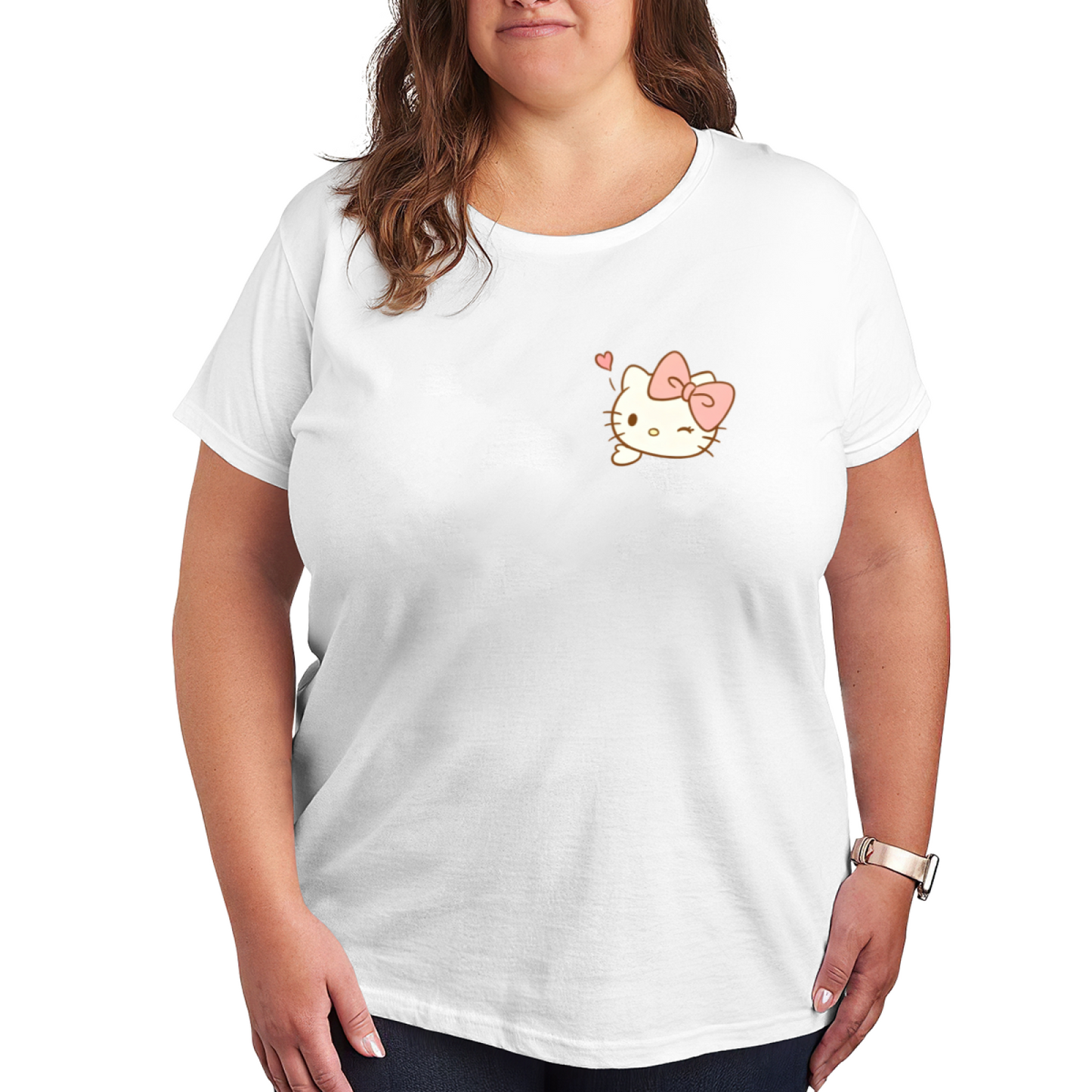 Tiny Winking Hello Kitty Chest Pocket?Style Print Plus Size Ladies T?Shirt
