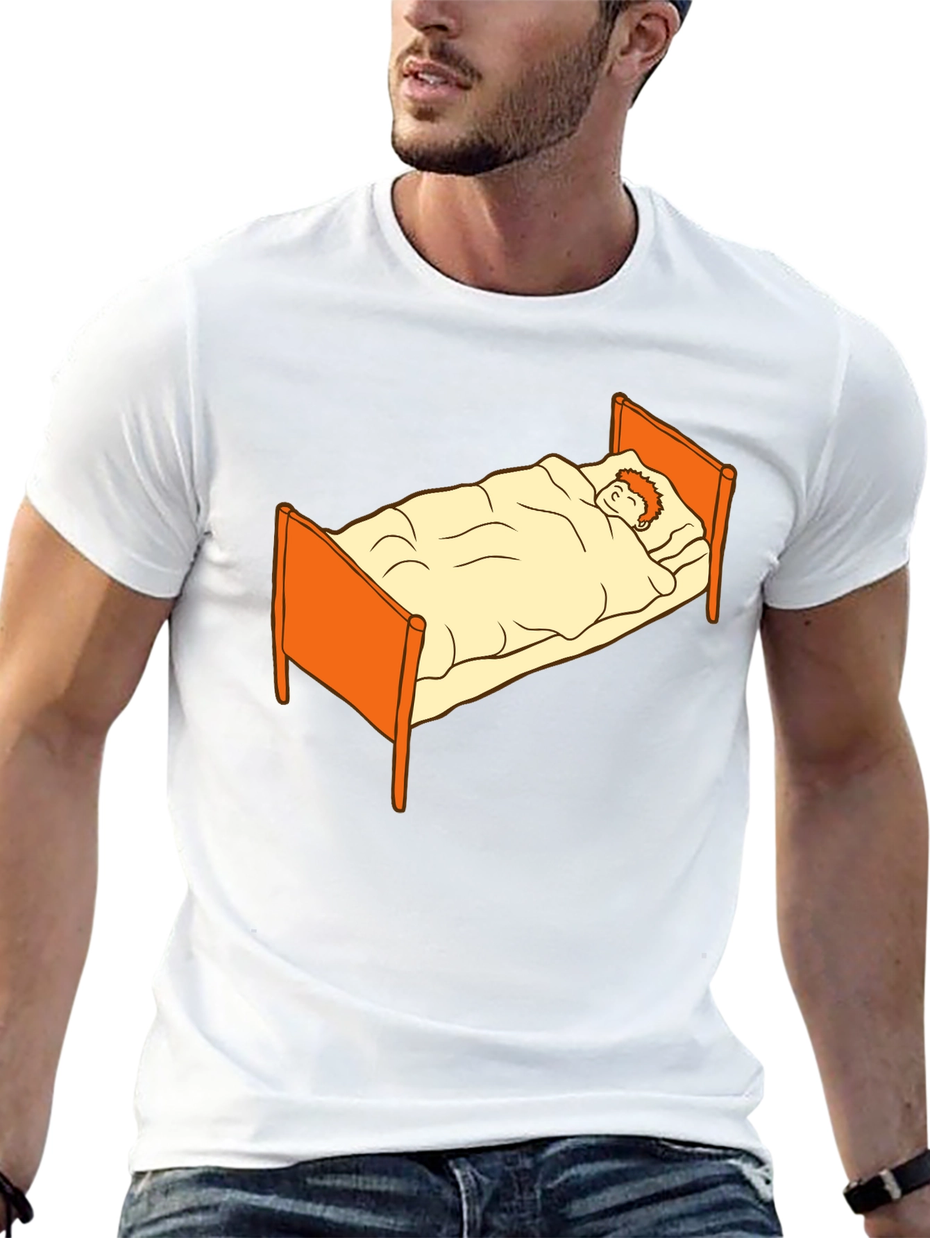 Sleepy Cartoon Man in Bed Graphic Tee - Black