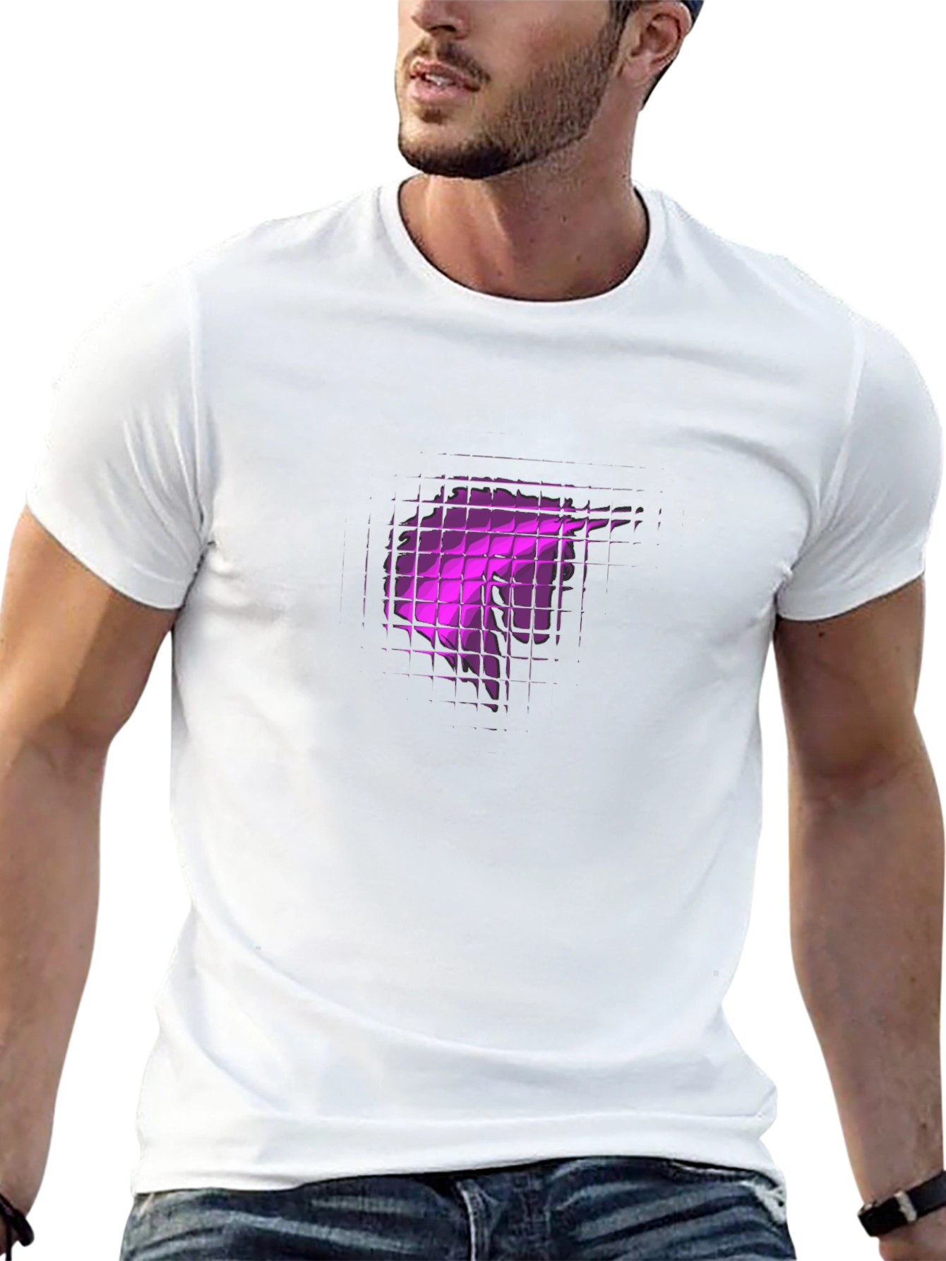 Black Tee with Abstract Purple Grid Design