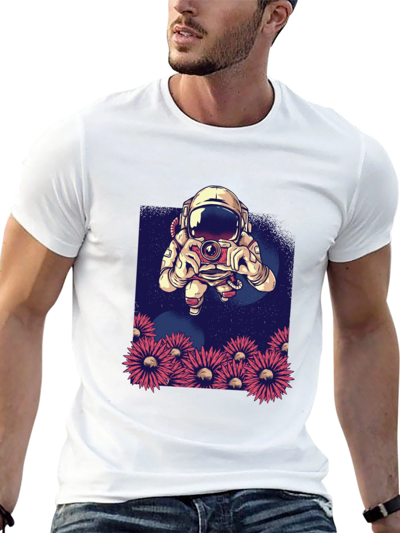 Astronaut Photographer T-Shirt - Space & Floral Design