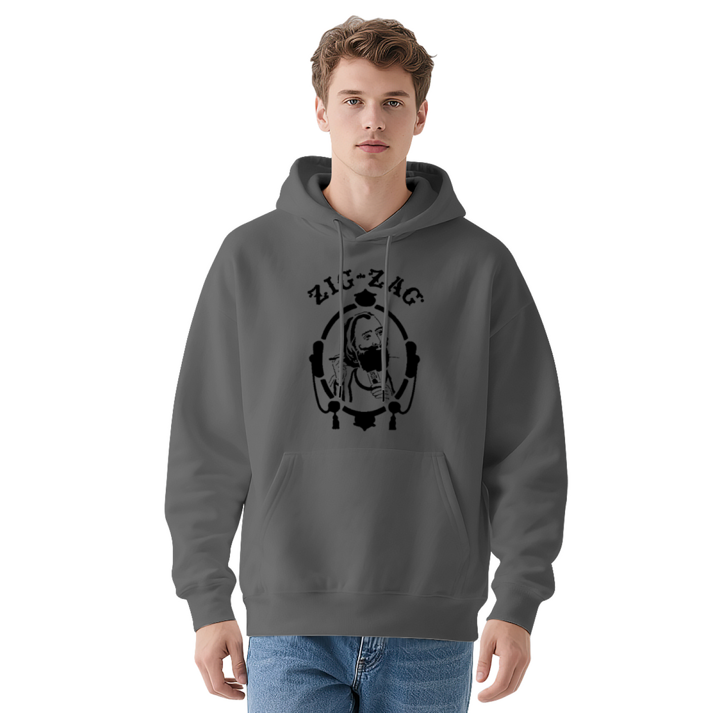 Vintage Zig-Zag Portrait Graphic White Hoodie, Unisex Cozy Retro Style Hooded Top