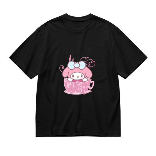 My Melody In Coffee Cup Kawaii Plus?Size Women Black T?Shirt