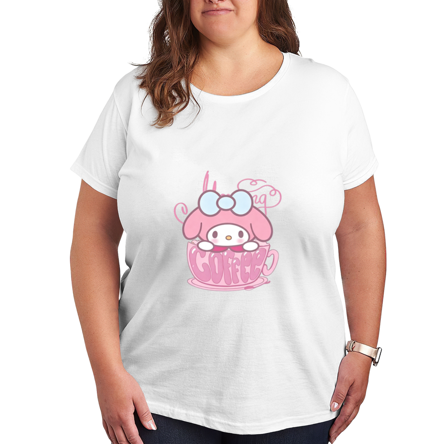 My Melody In Coffee Cup Kawaii Plus?Size Women Black T?Shirt