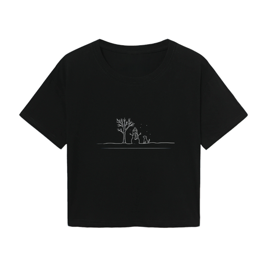 Minimal Sketch Snowman & Dog Winter Simple Crop T?Shirt