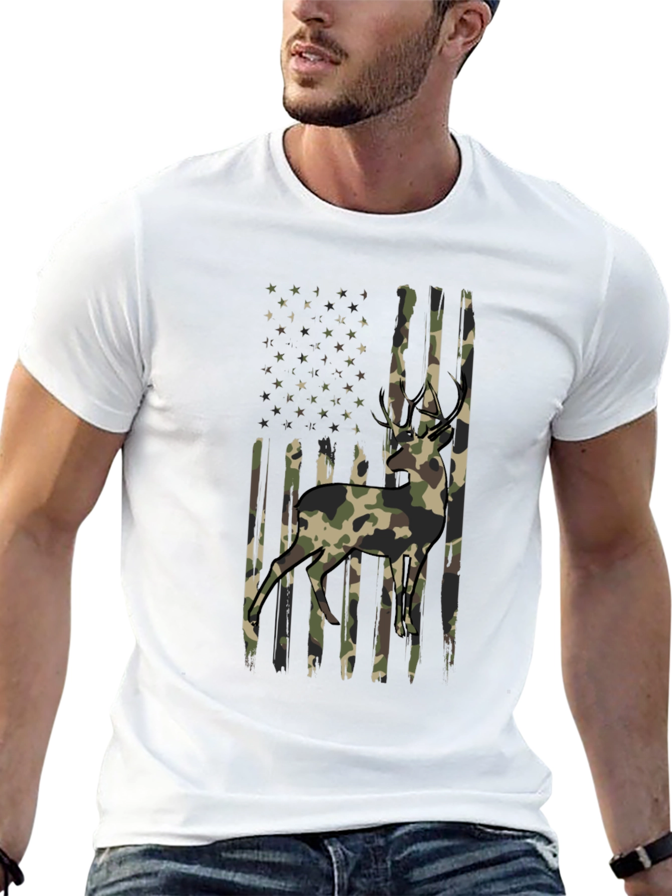 Camo Deer American Flag Graphic T-Shirt