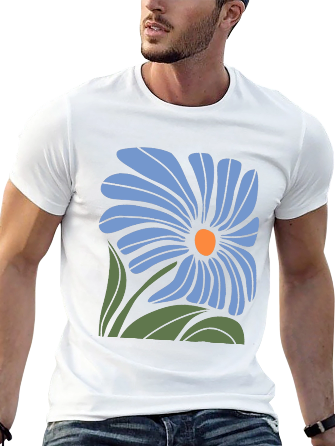Blue Flower Graphic Black T-Shirt
