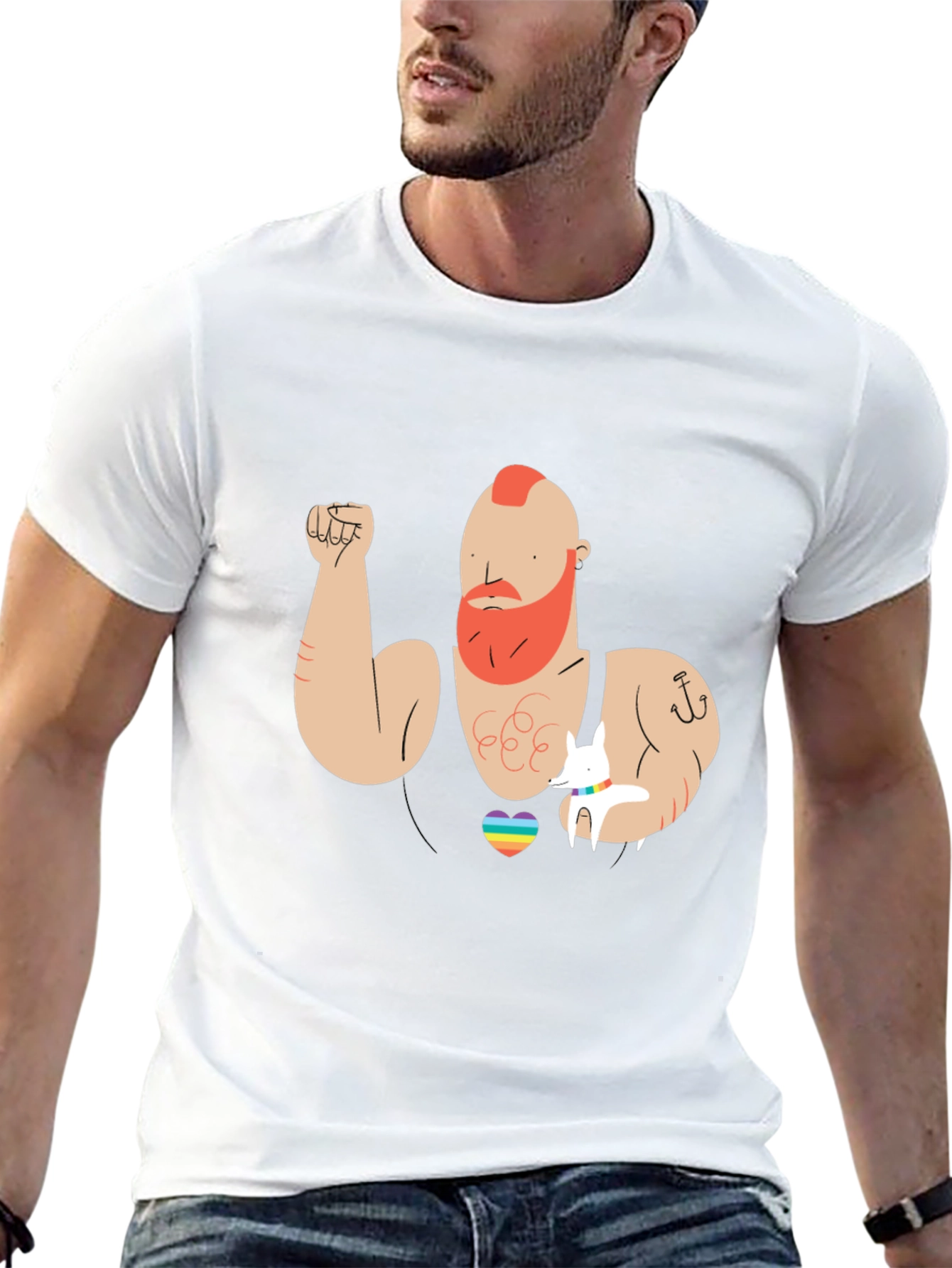 Rainbow Heart Muscle Man Graphic T-Shirt