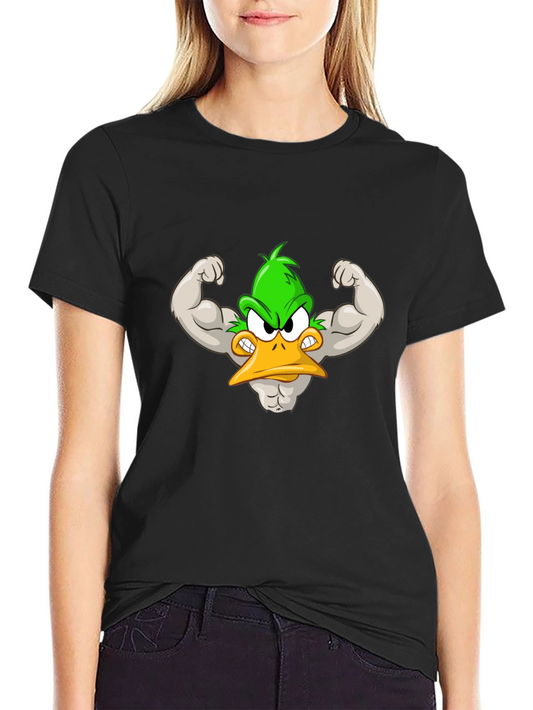 Muscular Cartoon Duck Graphic Tee - Black Cotton Shirt