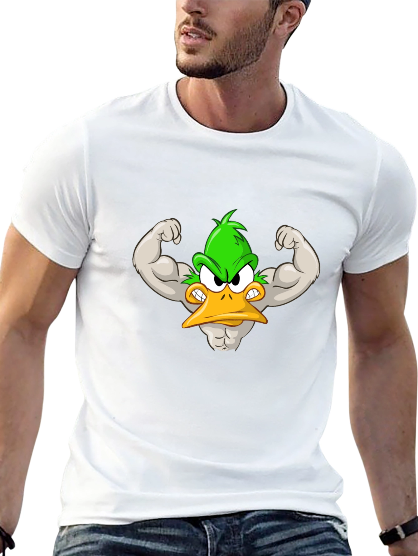 Muscular Cartoon Duck Graphic Tee - Black Cotton Shirt
