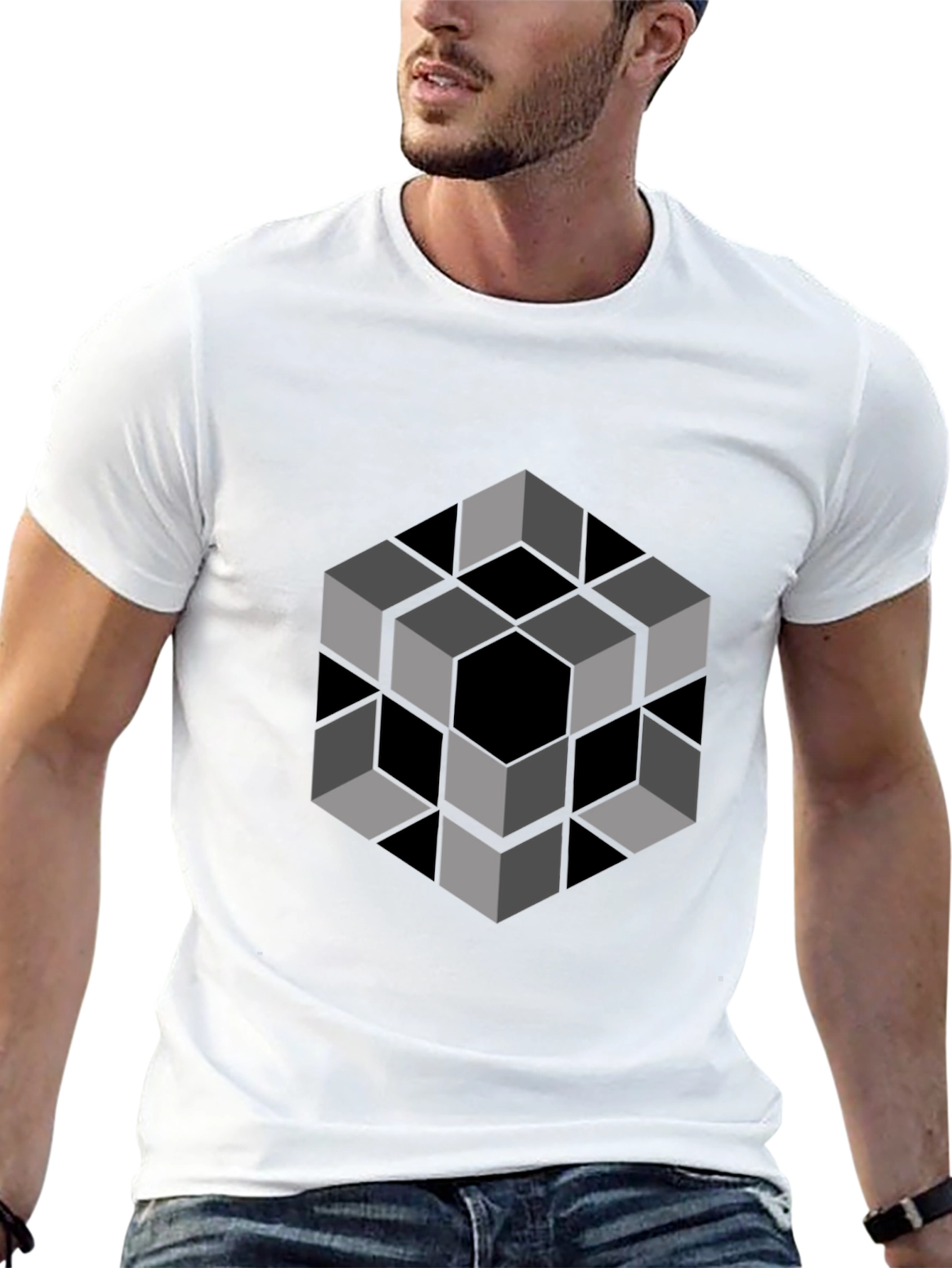 Optical Illusion Cube Graphic Tee - Modern Black Shirt