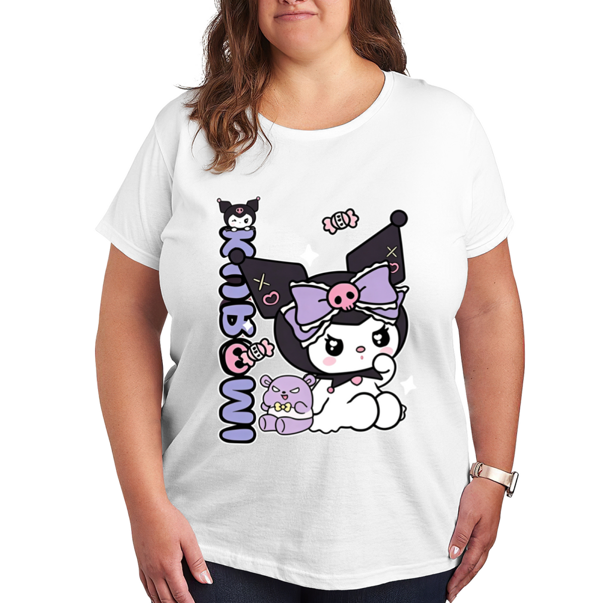 Lovely Kuromi With Bear Decor Graphic Plus?Size Women Short Sleeve T?Shirt