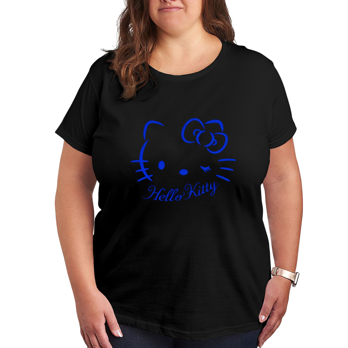 Winking Hello Kitty Blue Line Art Minimalist Plus?Size Women White Tee