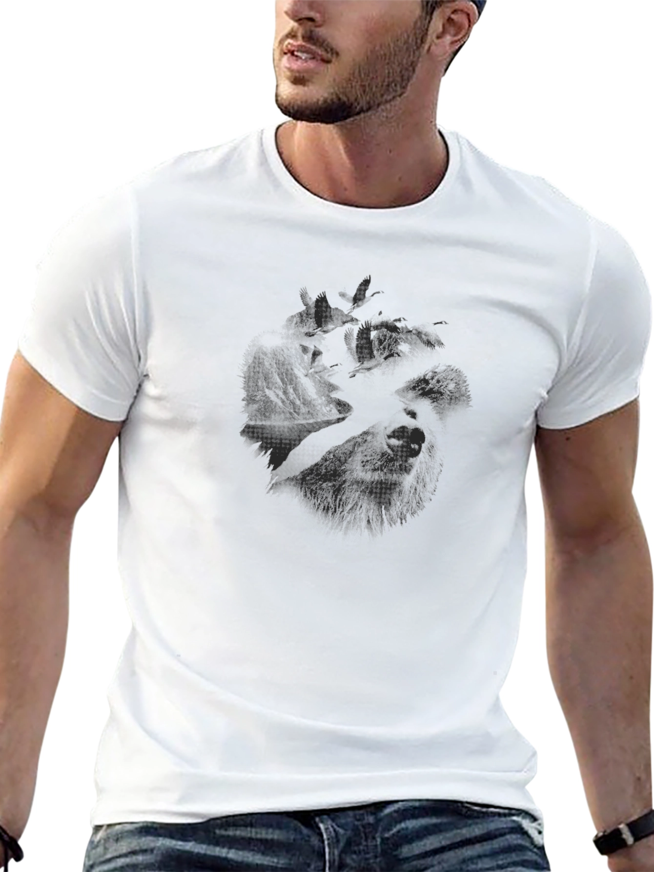 Mens Black Graphic T-Shirt - Wolf Design