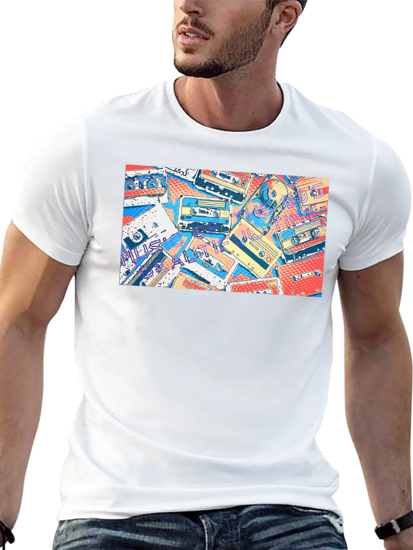 Retro Cassette Tape Print Black T-Shirt
