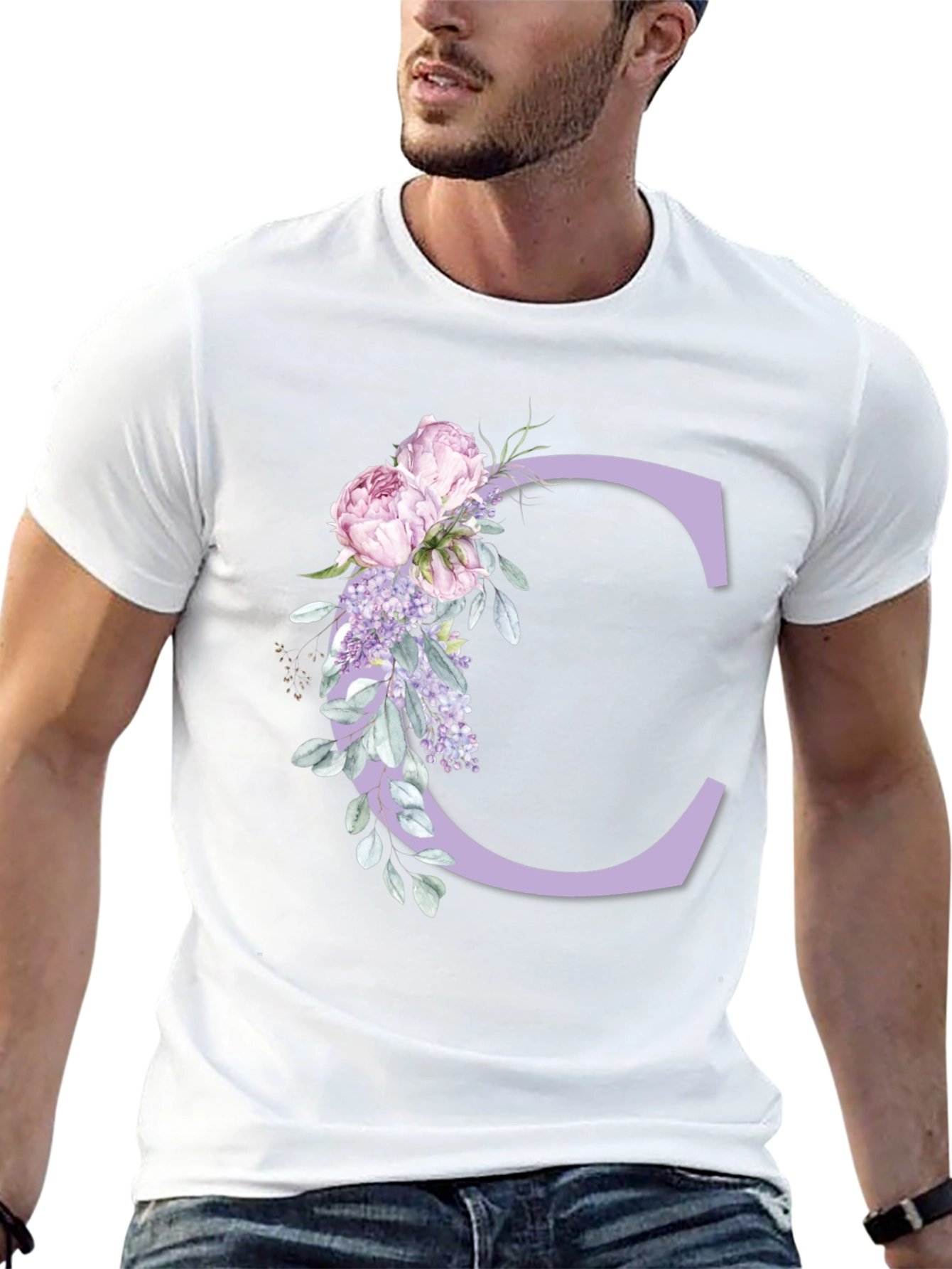 Floral Letter C Black T-Shirt