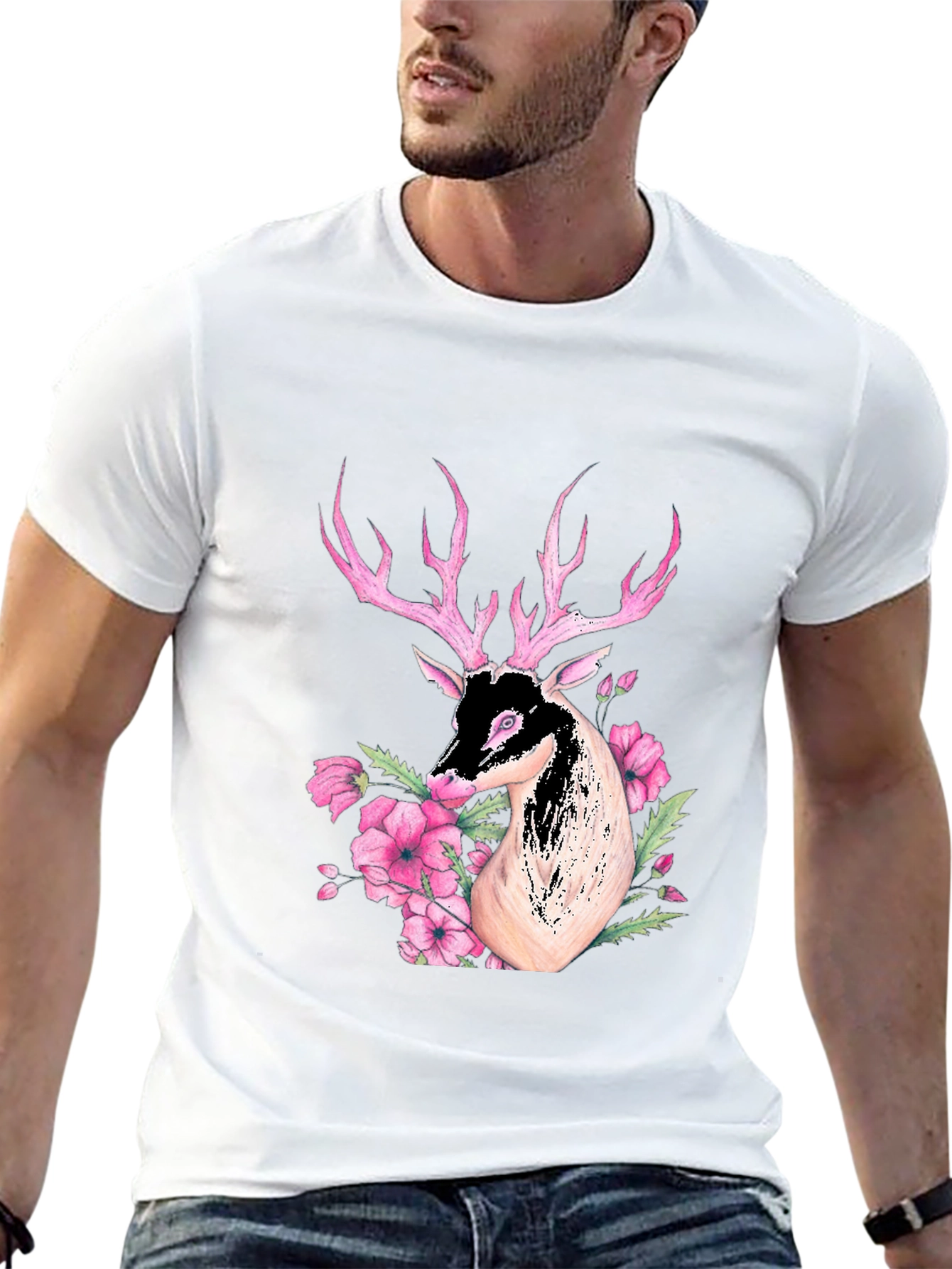 Deer Floral Graphic Black T-Shirt