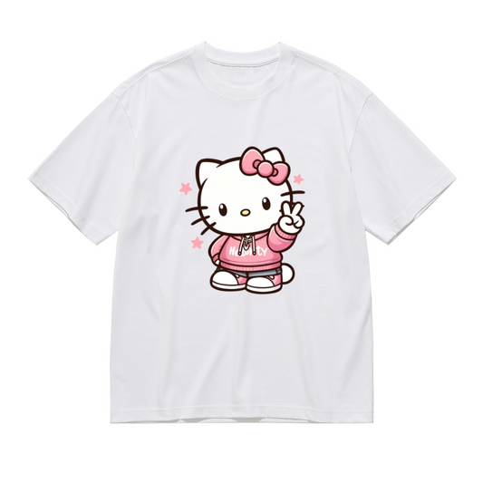 Trendy Peace?Sign Hello Kitty Streetwear Plus Size Women Casual Tee