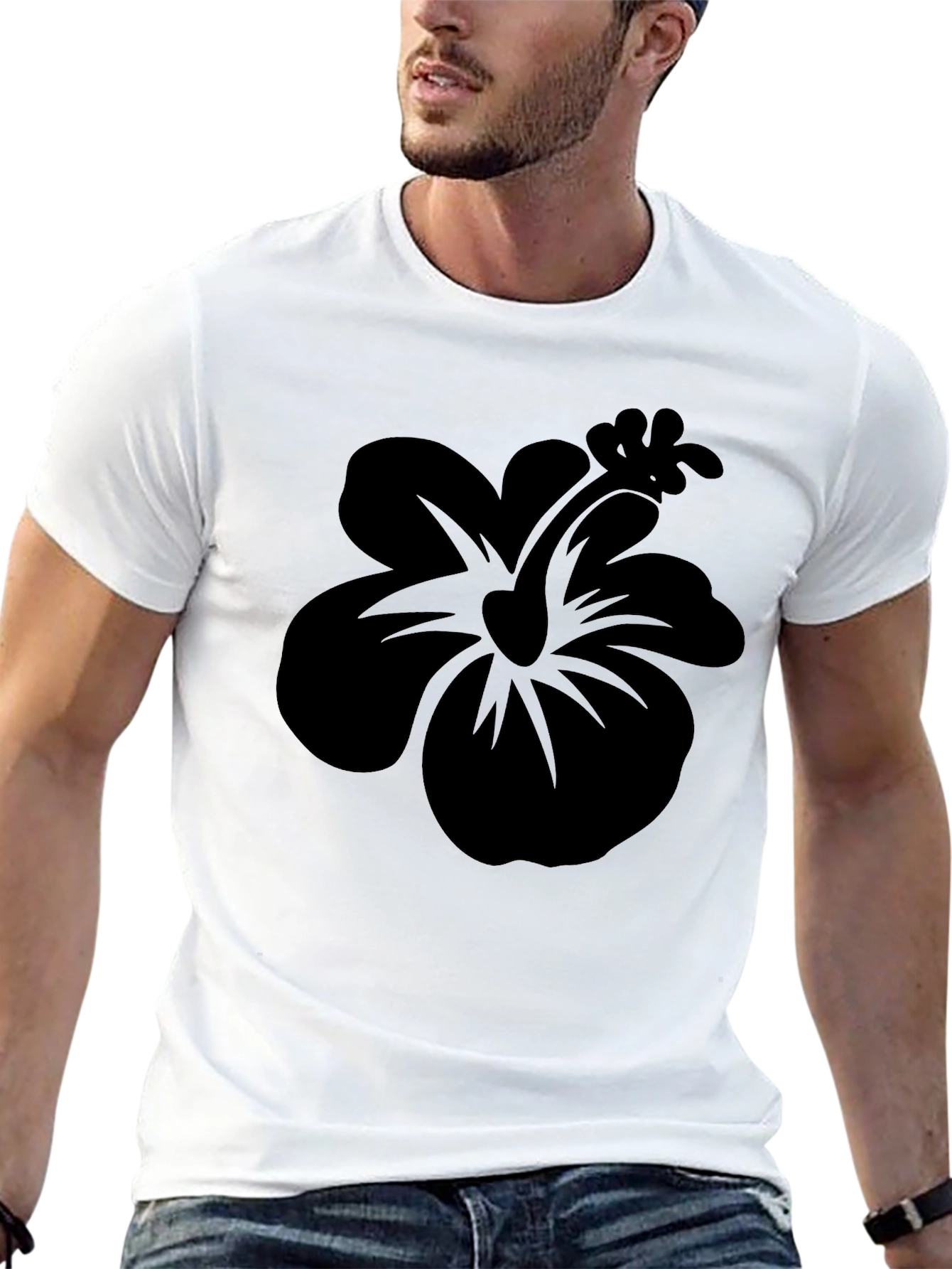 Black Hibiscus Flower Graphic T-Shirt