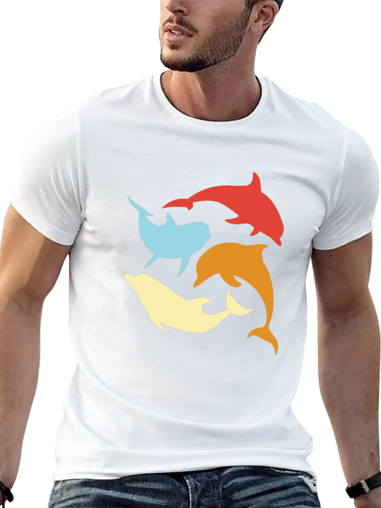 Retro Dolphin Circle Tee - Black Cotton T-Shirt
