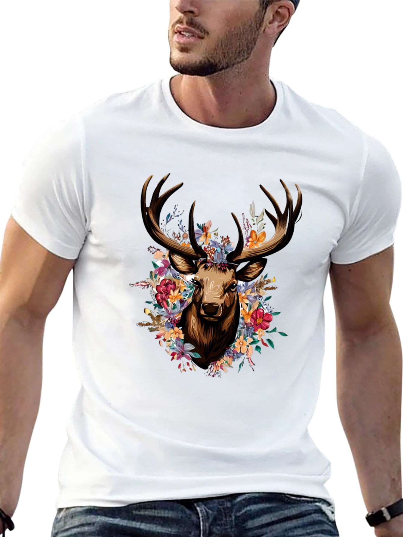 Floral Deer Graphic Tee - Stylish Black T-Shirt