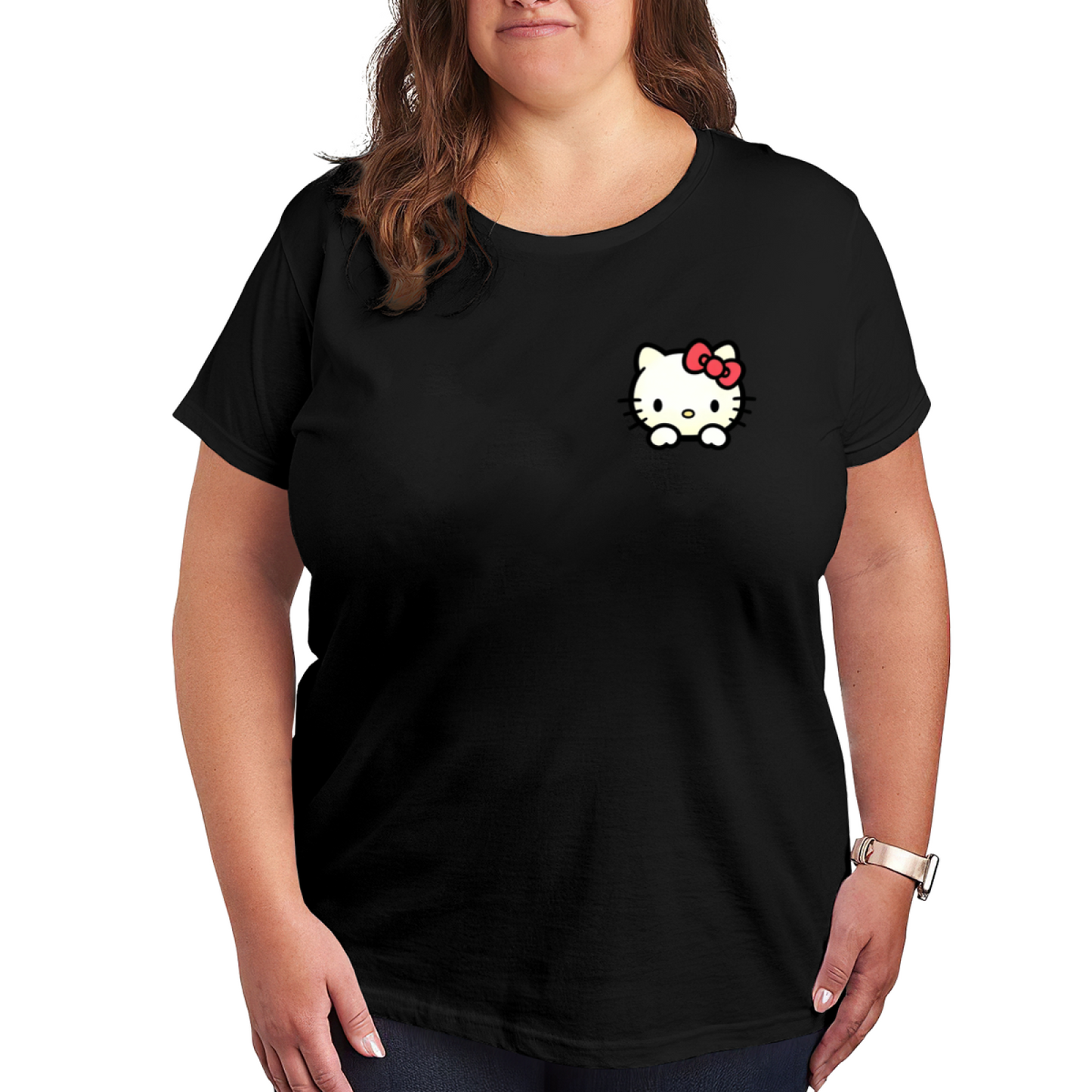 Tiny Pocket?Style Hello Kitty Peeking Plus?Size Casual Tee