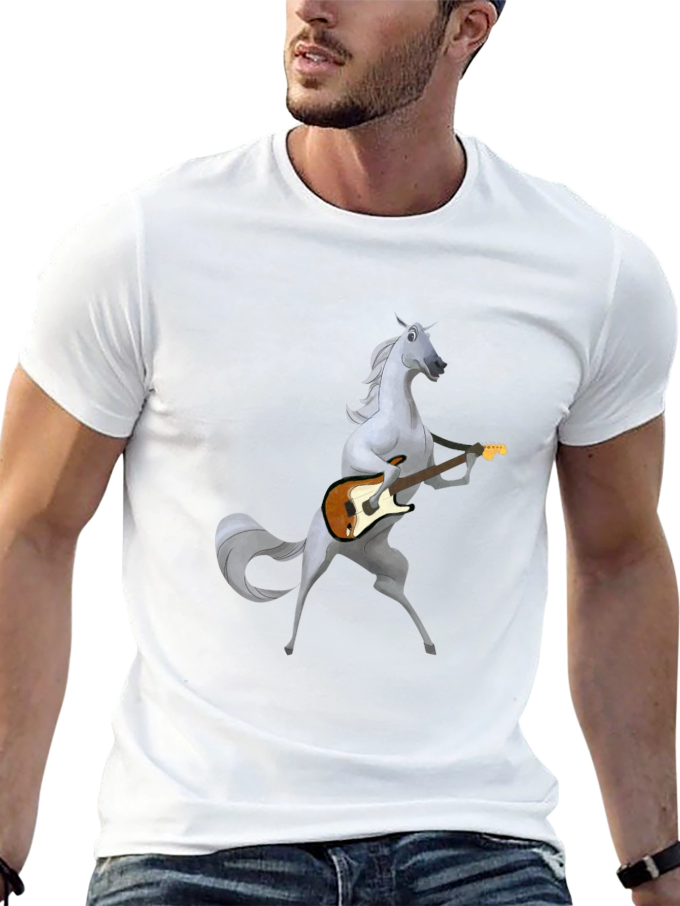 Horse Guitar Player Graphic Black T-Shirt