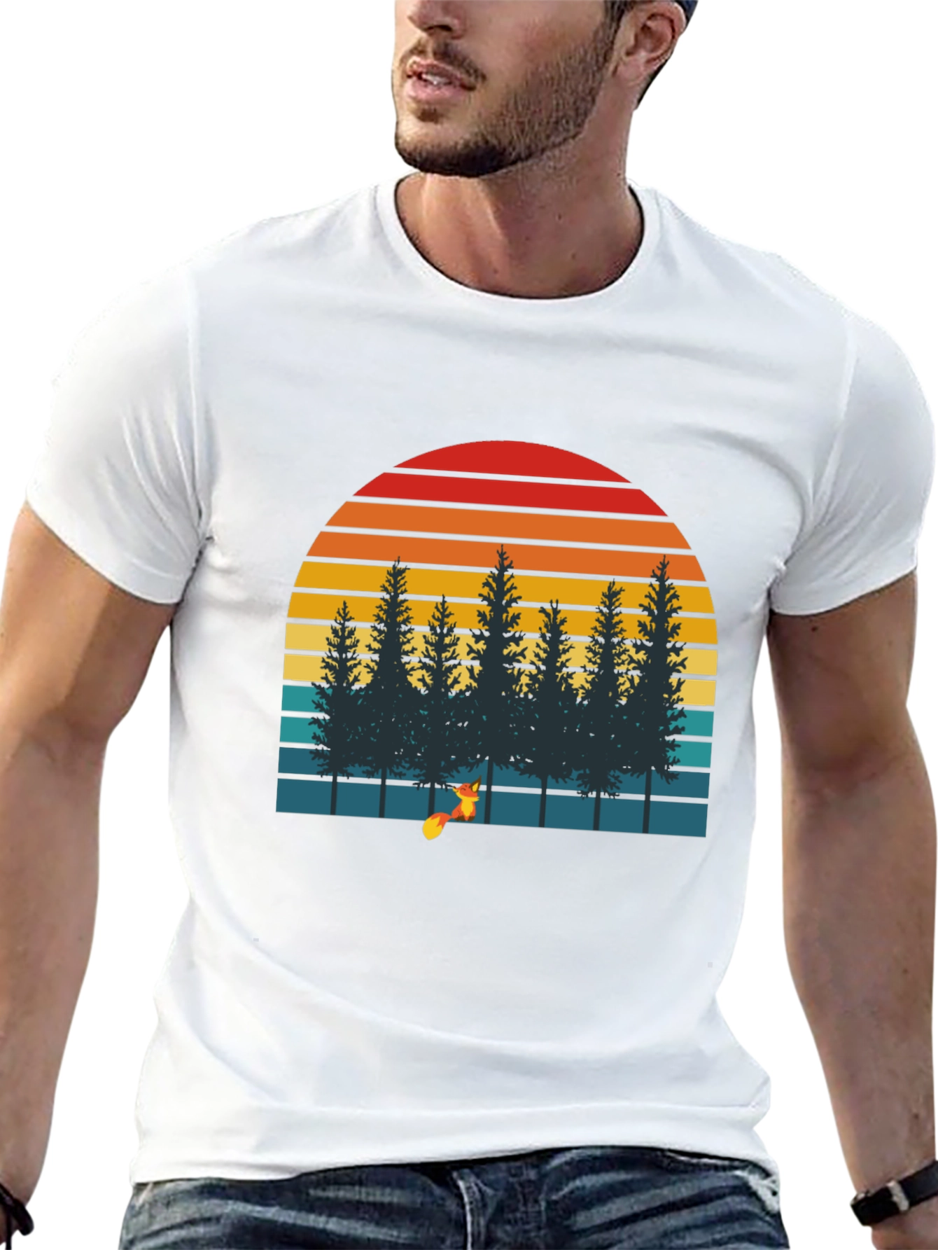 Retro Sunset Forest Fox Graphic T-Shirt