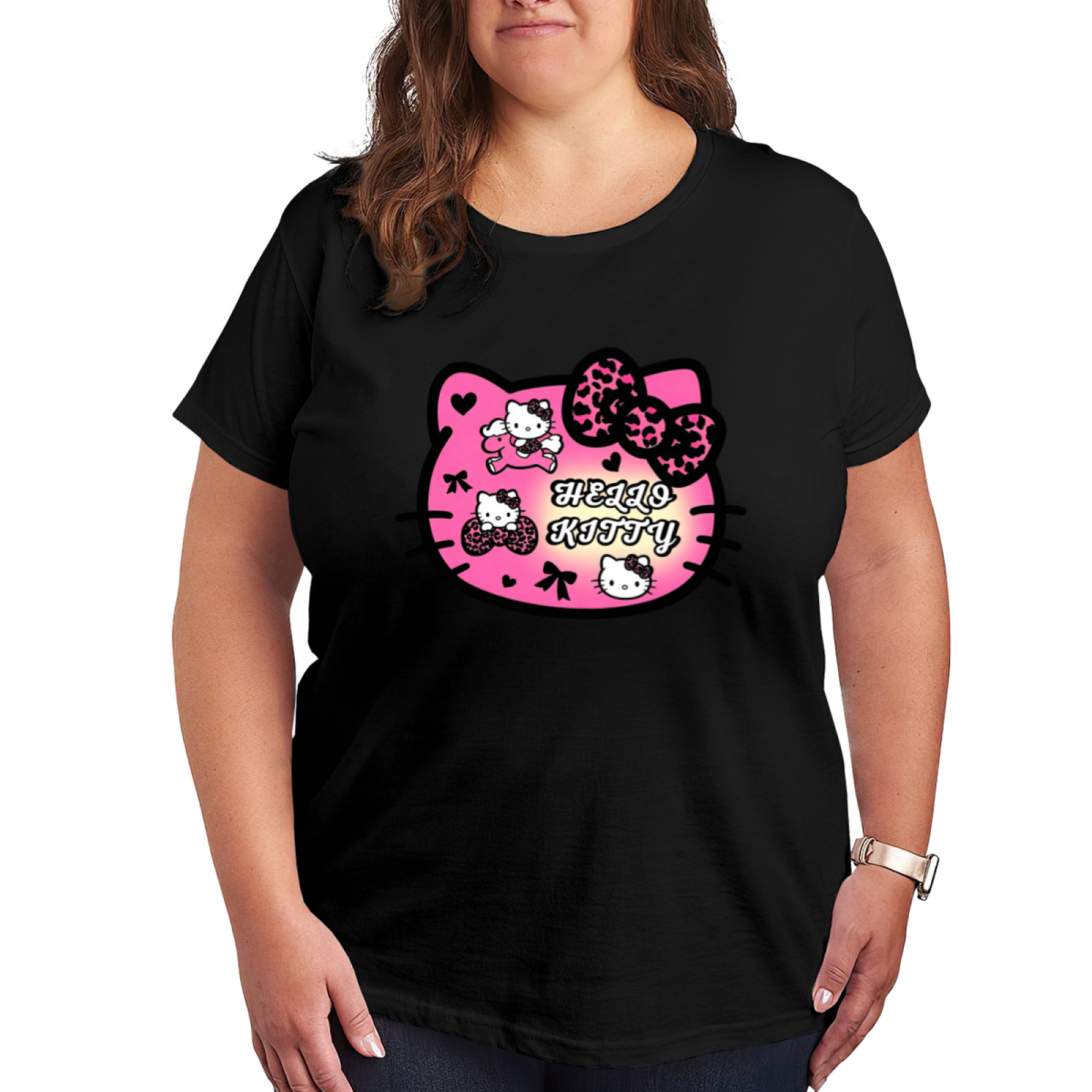 Y2K Leopard Bow Hello Kitty Head Plus?Size Graphic Tee