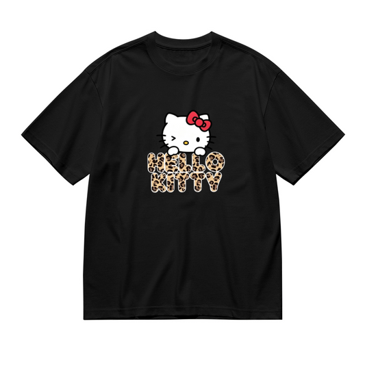 Leopard Font Hello Kitty Cute Streetwear Plus?Size Ladies Tee