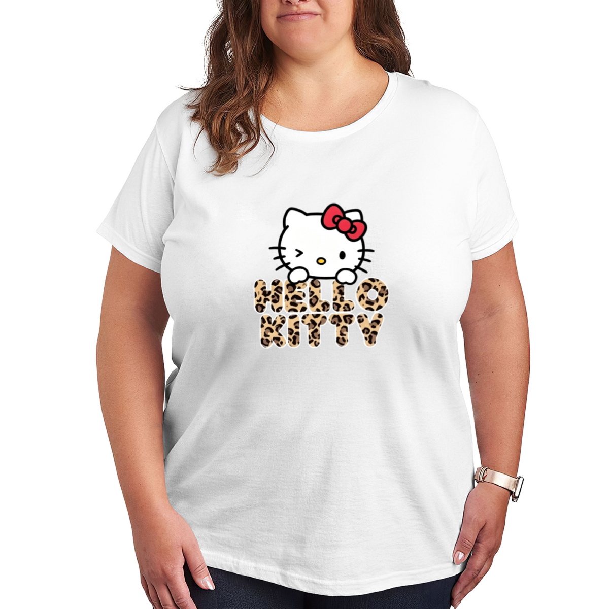 Leopard Font Hello Kitty Cute Streetwear Plus?Size Ladies Tee