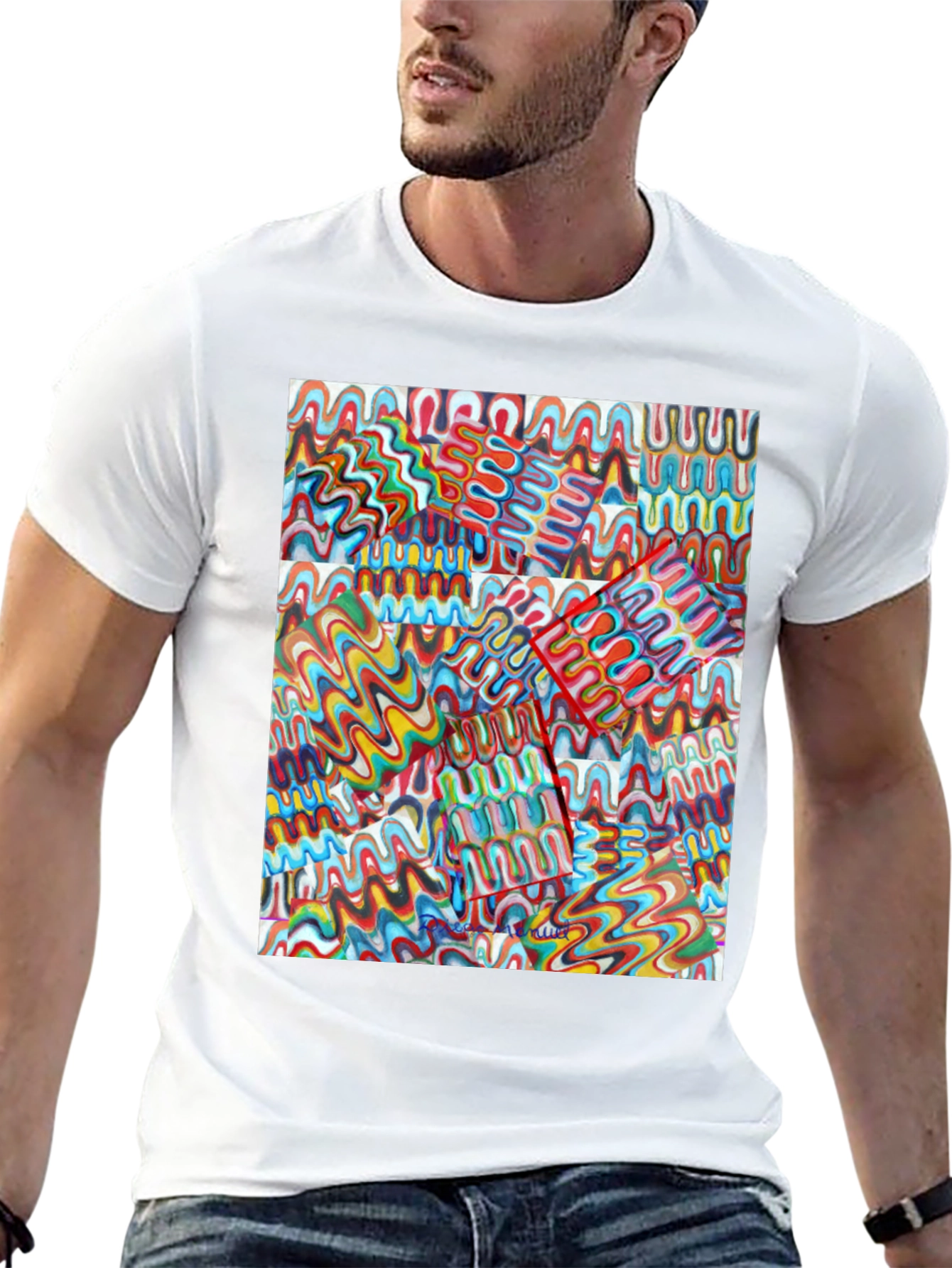 Abstract Wavy Line Pattern Black T-Shirt