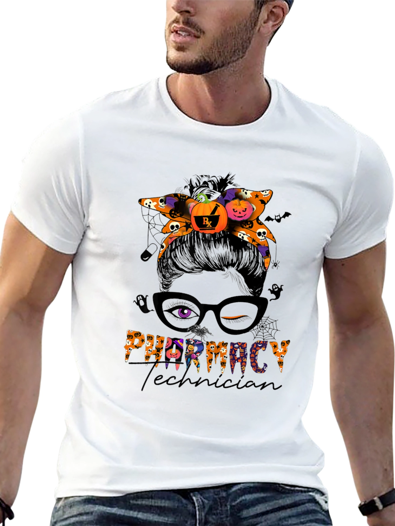 Pharmacy Technician Halloween Messy Bun T-Shirt