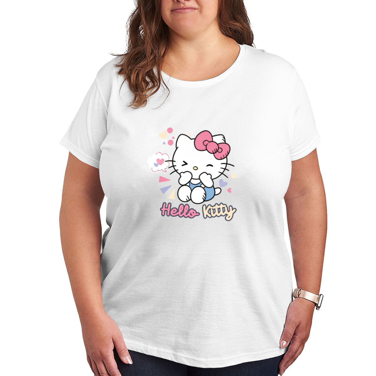 Playful Blushing Wink Hello Kitty Heart Accent Plus Size Women Fashion Tee
