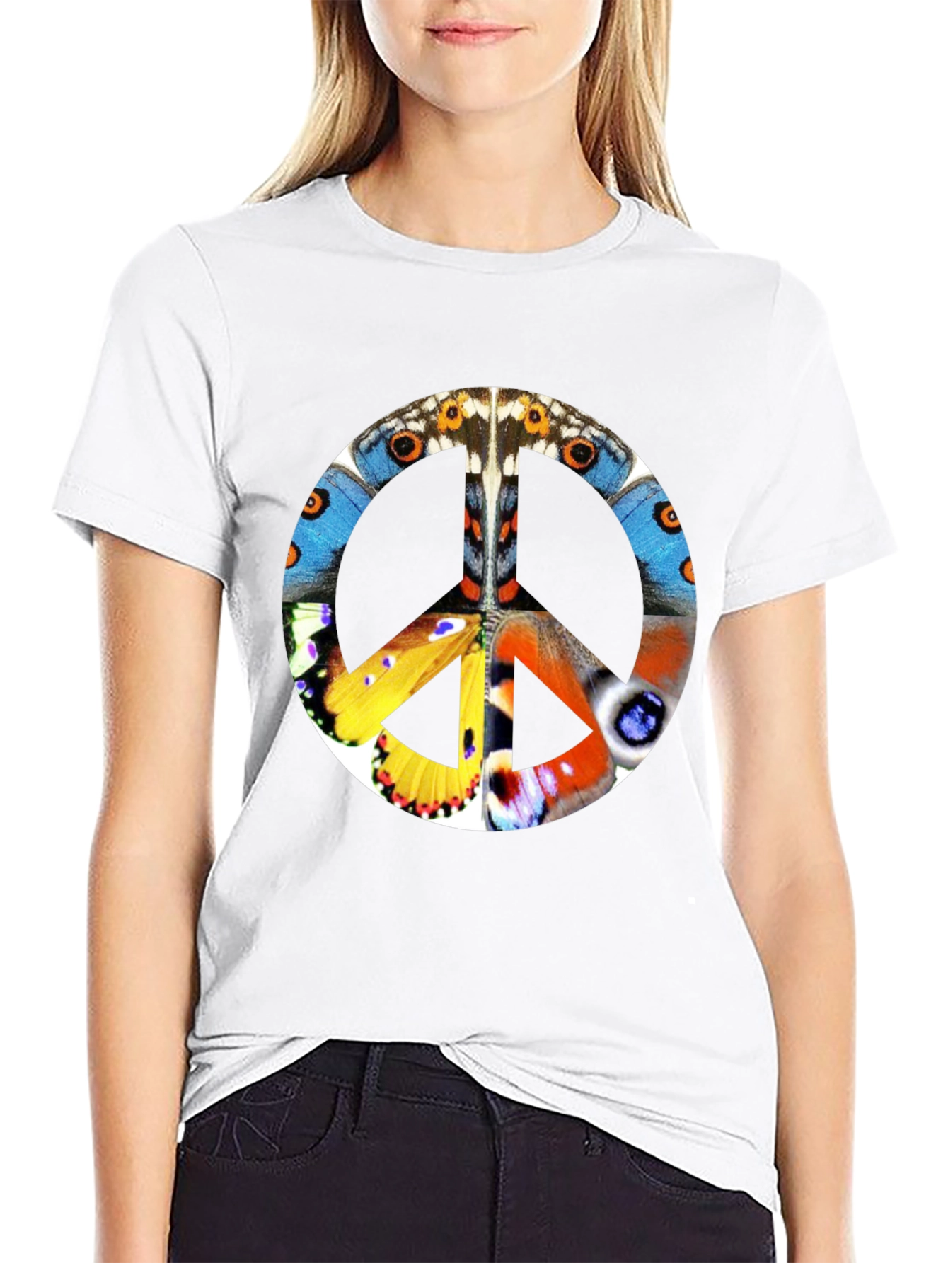 Butterfly Peace Sign Graphic T-Shirt - Black