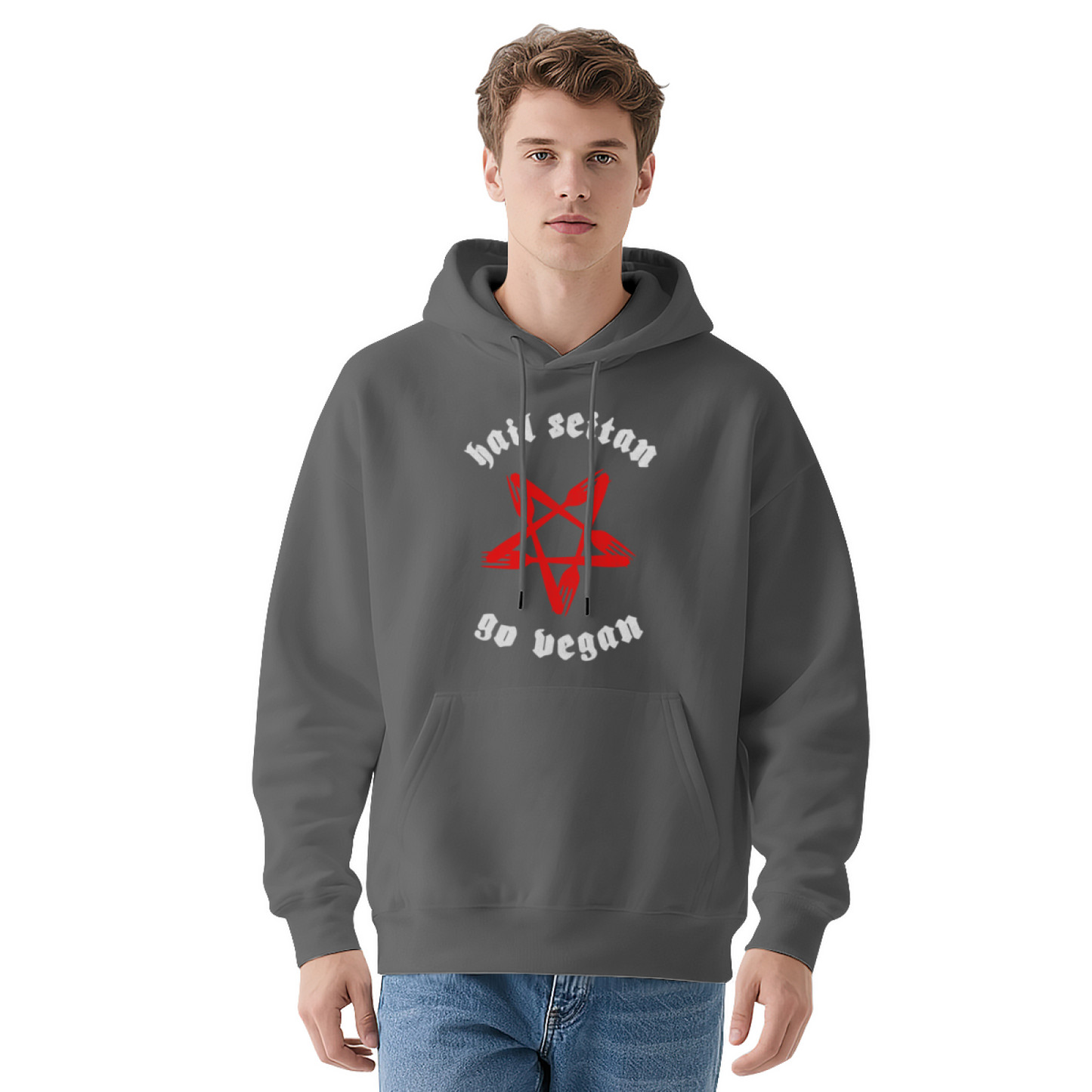 Hail Seitan Go Vegan Pentagram Graphic Hoodie, Casual Street Style