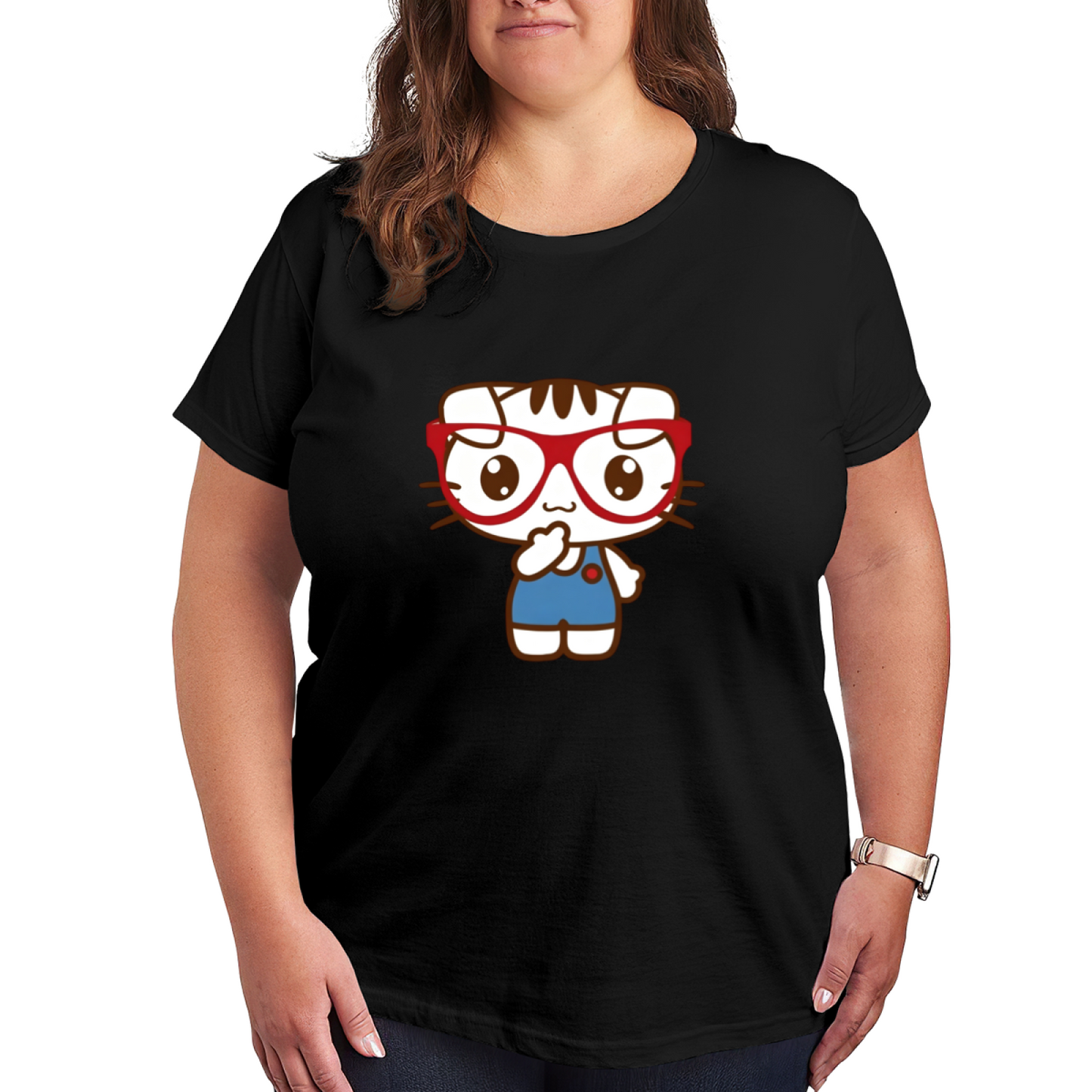 Nerdy Glasses Sweet Kitten Cartoon Plus?Size Women Casual T?Shirt