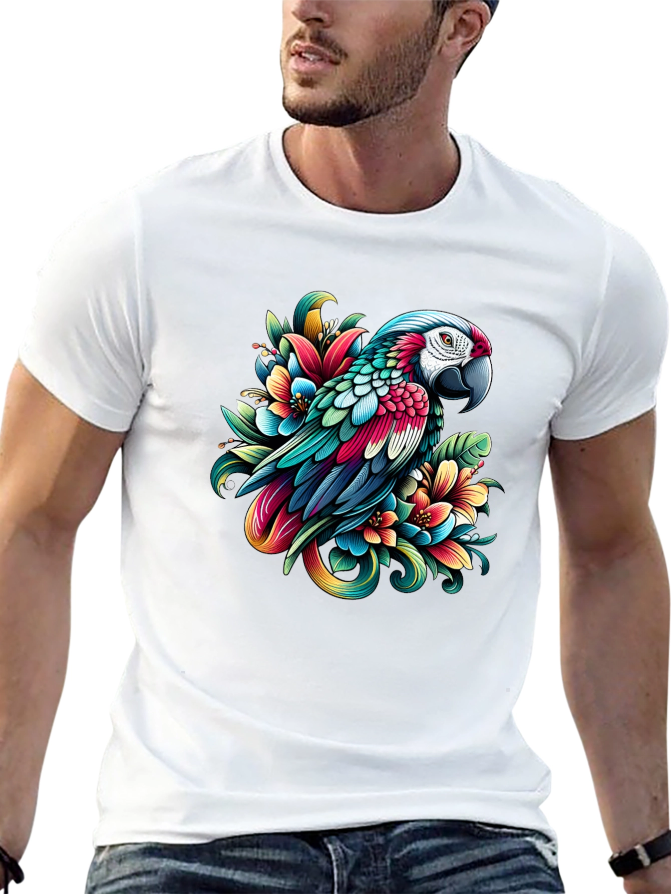 Parrot & Floral Graphic Tee - Vivid Design