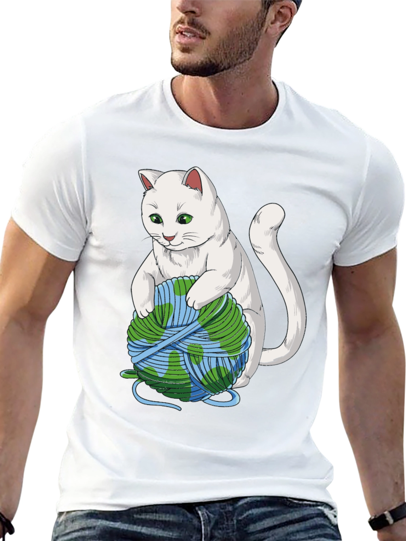 Cat with Earth Yarn T-Shirt - Global Warming Awareness