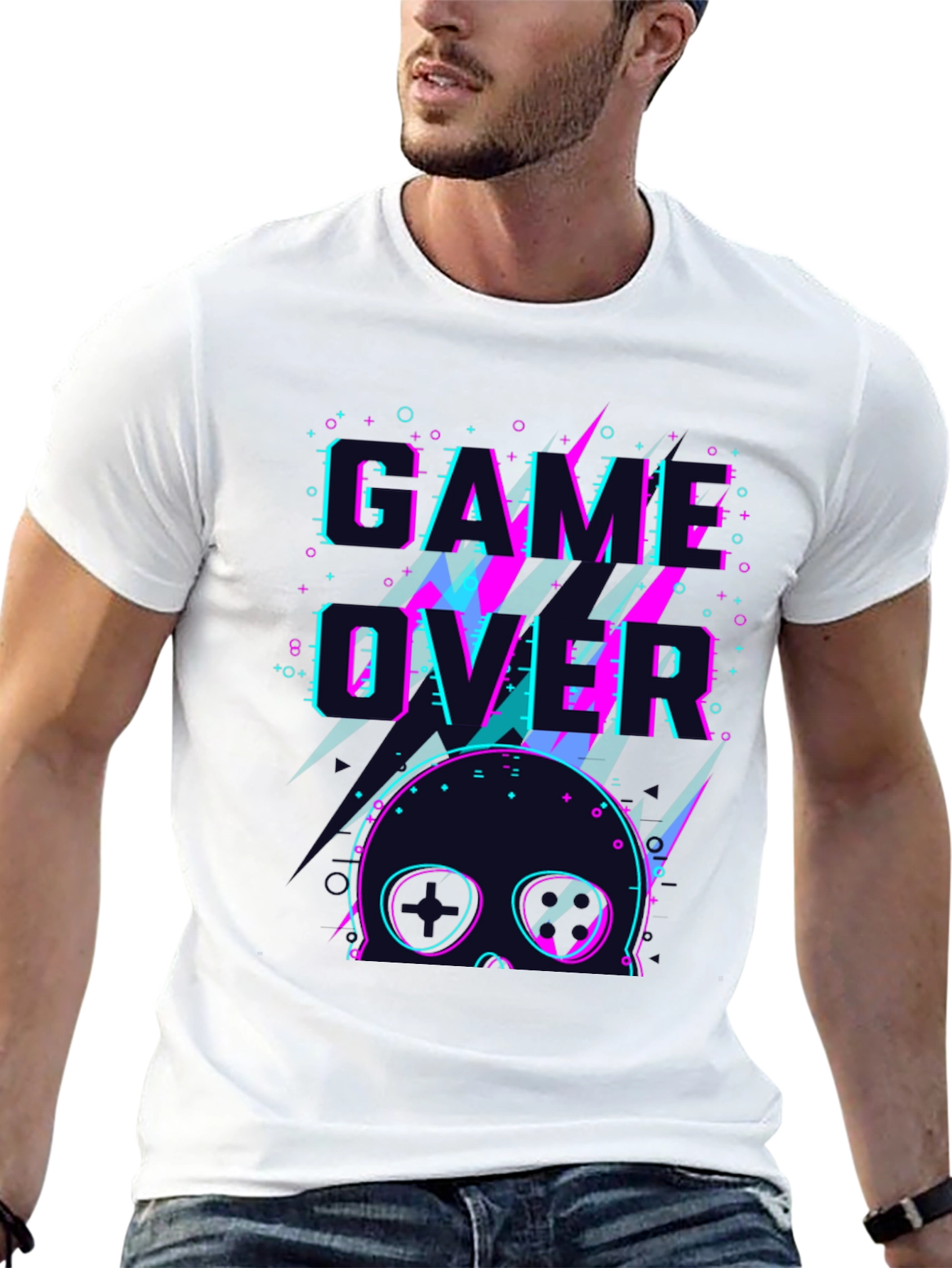 Game Over Skull Graphic Tee - Black Crew Neck