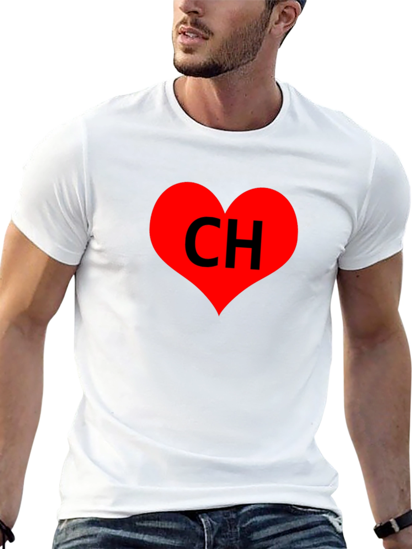 Black T-Shirt with Red Heart CH Graphic Print