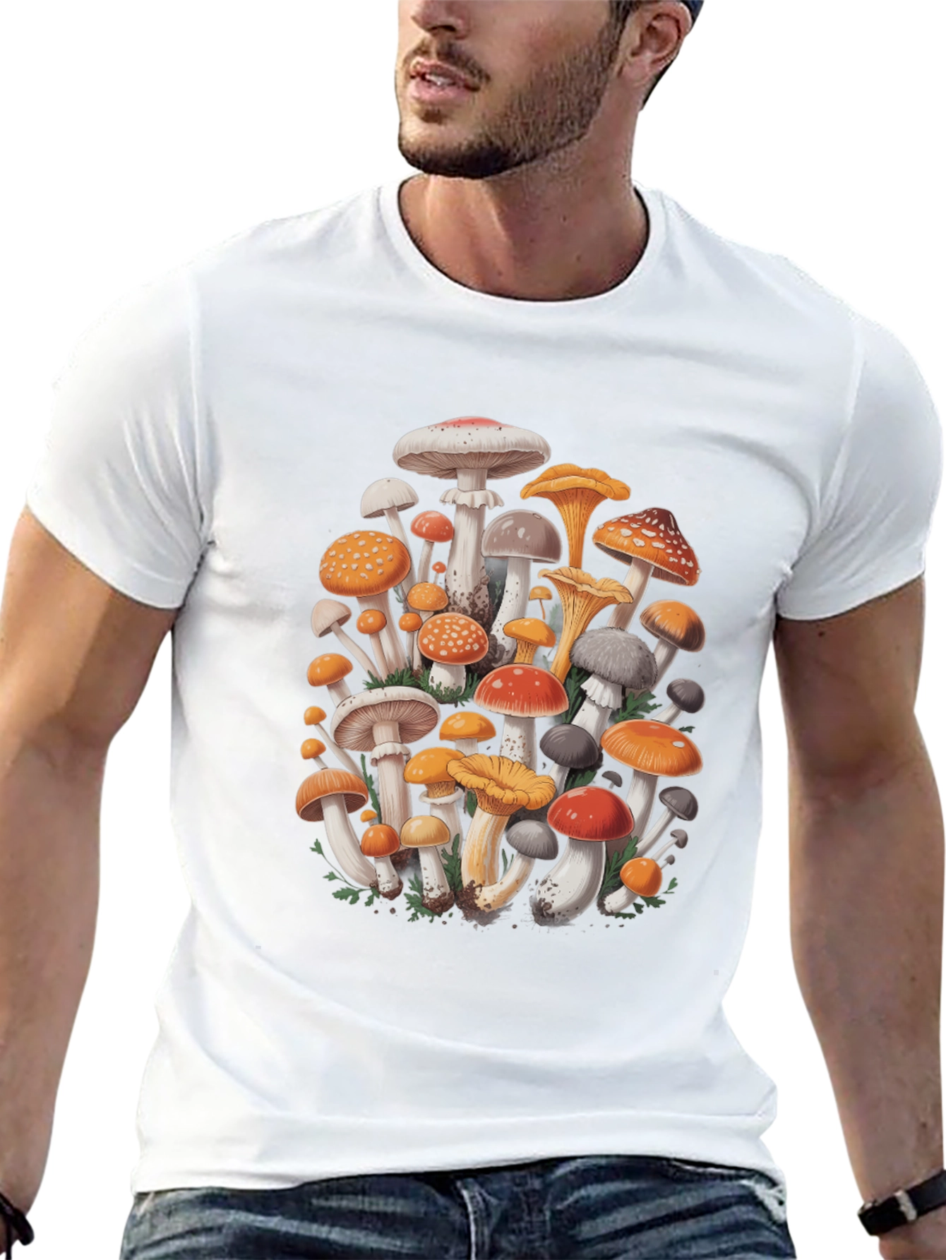 Mushroom Print Graphic Tee - Black Cotton Blend