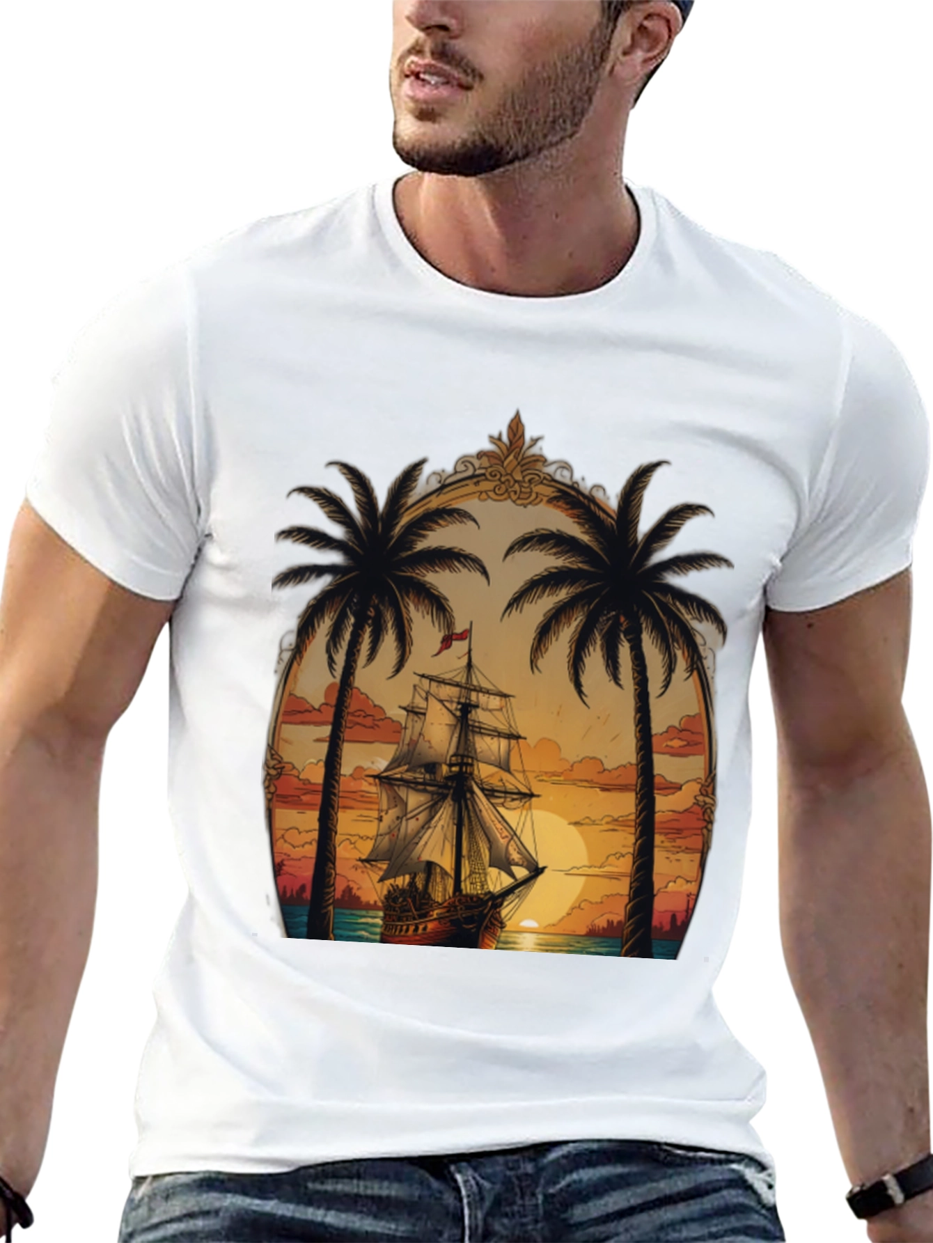 Tropical Sunset Ship Graphic Tee