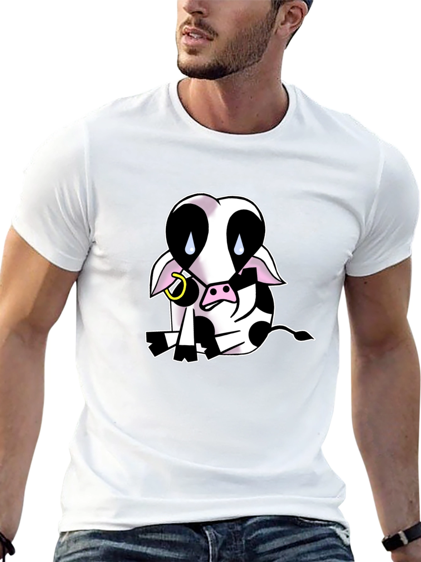Black T-Shirt with Sad Cow Graphic