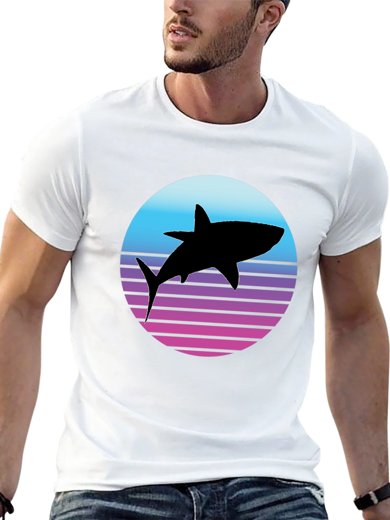 Retro Shark Graphic Tee - Black Cotton T-Shirt