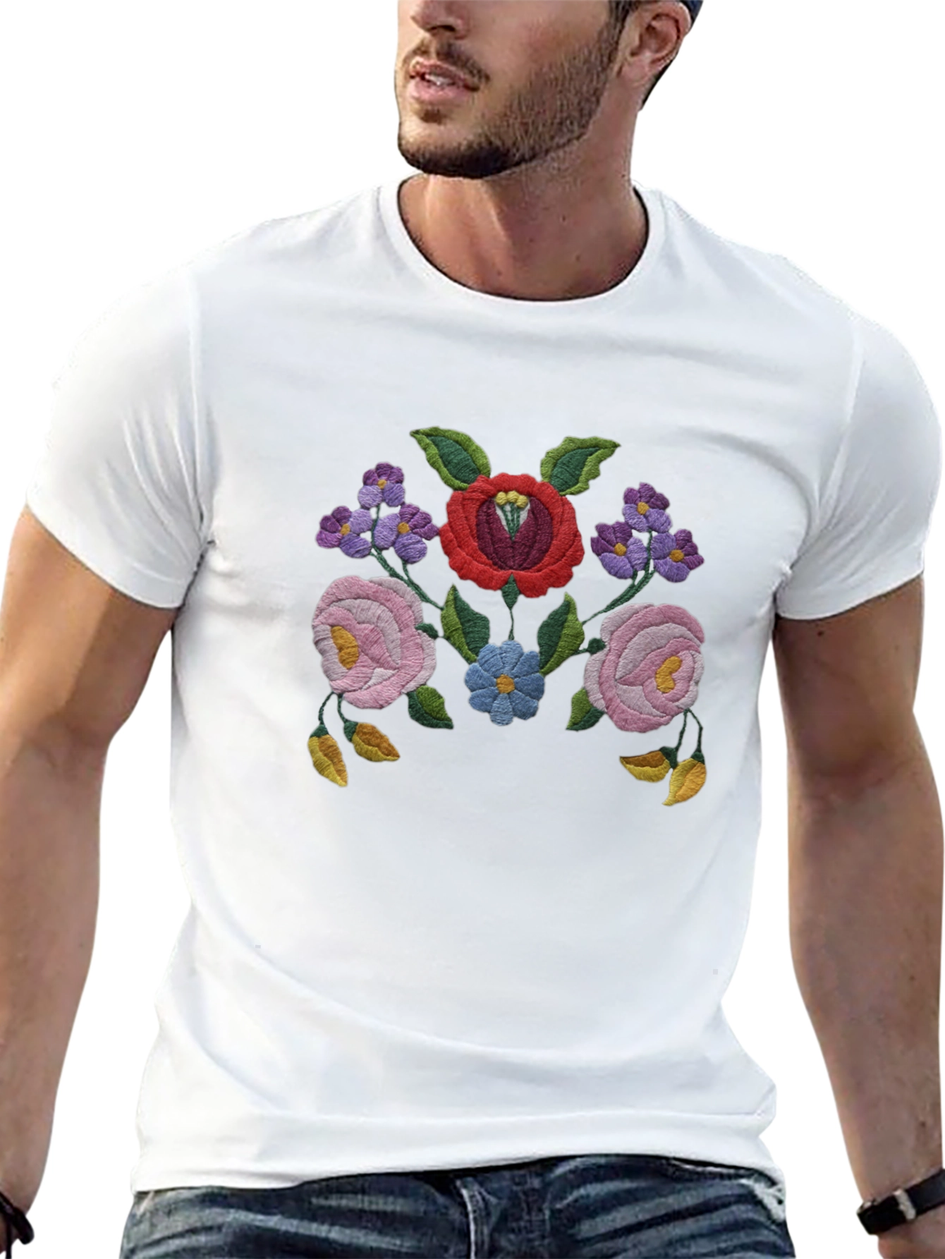 Floral Embroidered Black T-Shirt
