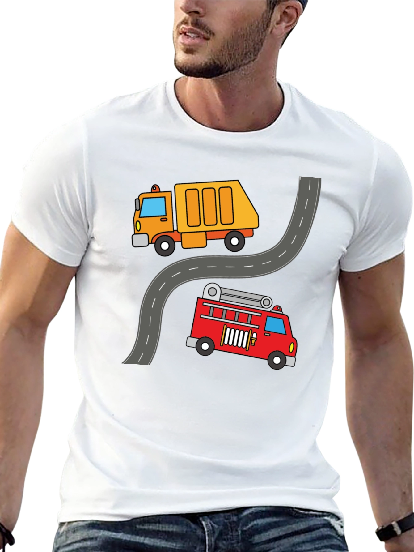 Cartoon Truck & Fire Engine Black T-Shirt