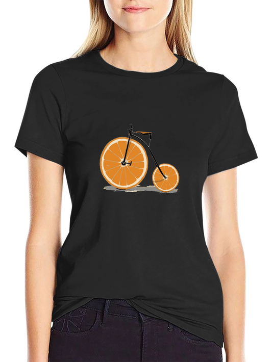 Novelty Orange Bicycle Graphic Tee - Fruit Bike Shirt